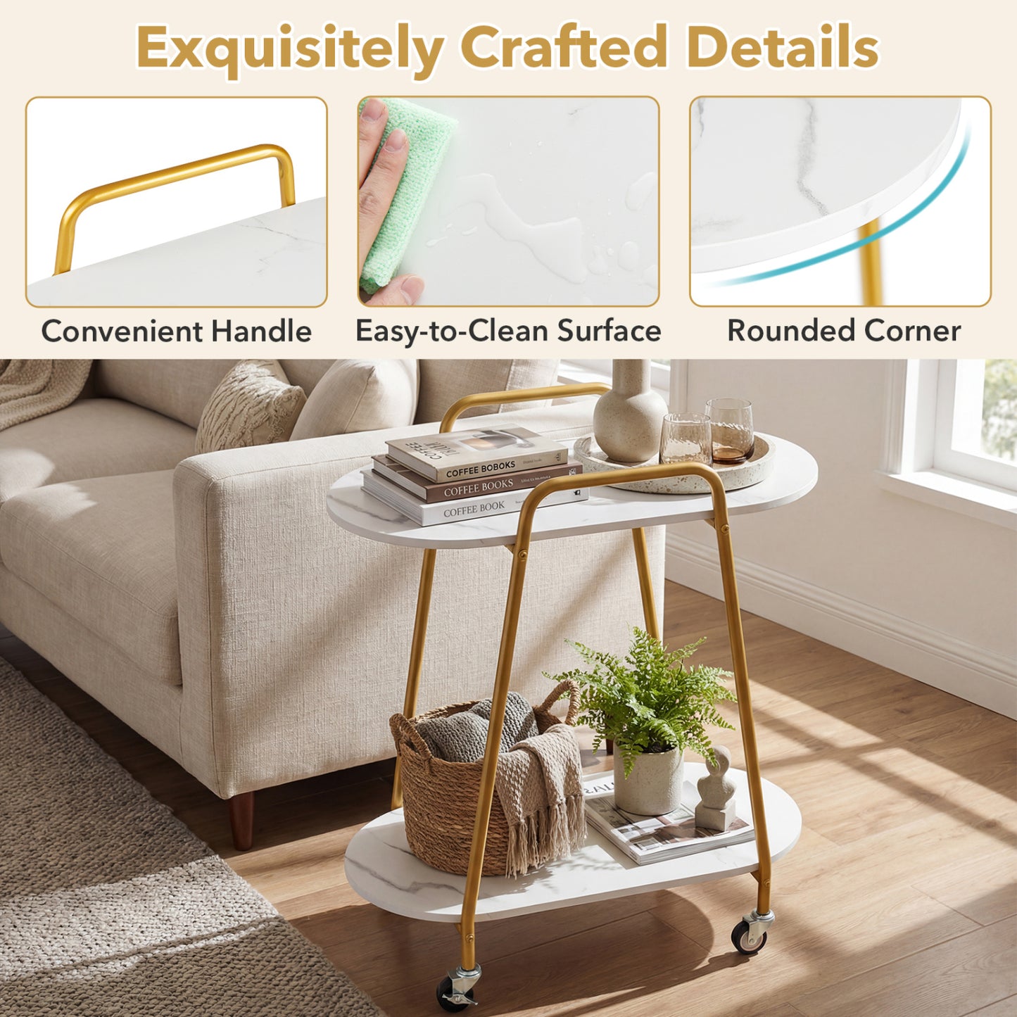 2-Tier Rolling End Table, Faux Marble, White