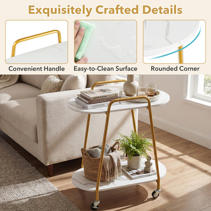 2-Tier Rolling End Table, Faux Marble, White