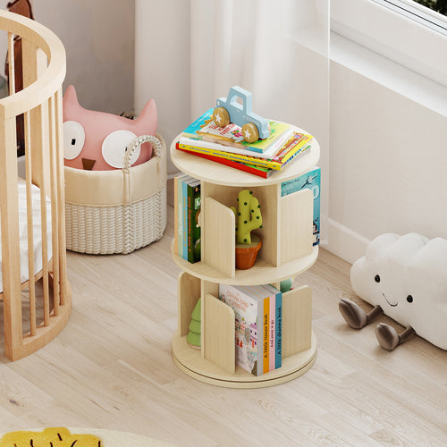 2-Tier Rotating Bookshelf with Dividers and Anti-falling Baffles, Natural