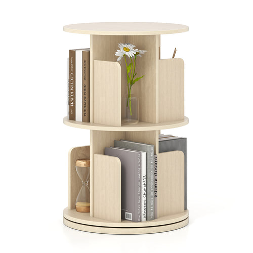 2-Tier Rotating Bookshelf with Dividers and Anti-falling Baffles, Natural
