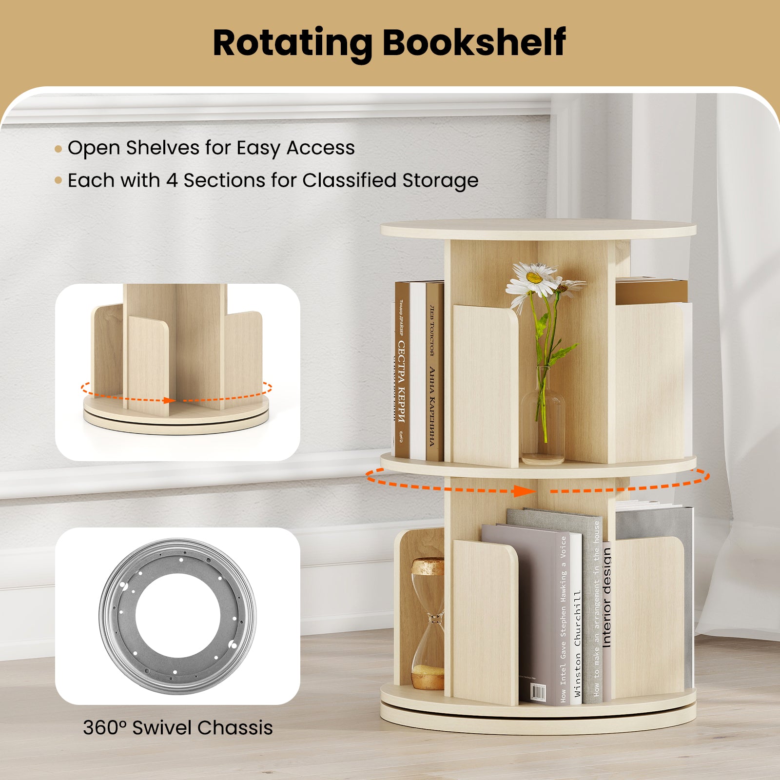 2-Tier Rotating Bookshelf with Dividers and Anti-falling Baffles, Natural Bookcases at Gallery Canada