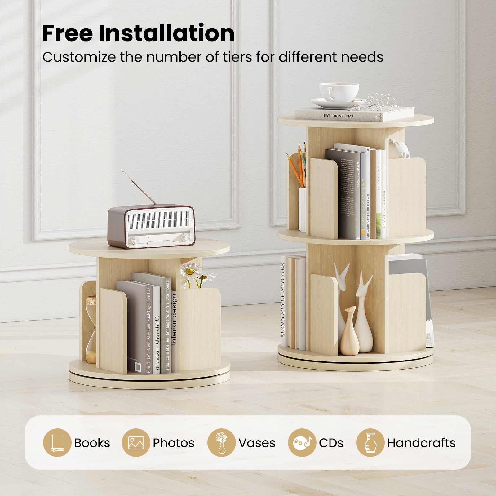 2-Tier Rotating Bookshelf with Dividers and Anti-falling Baffles, Natural Bookcases at Gallery Canada