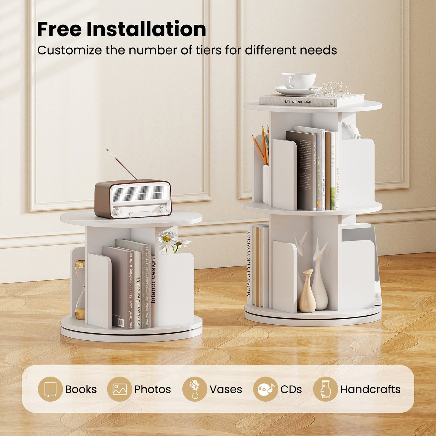 2-Tier Rotating Bookshelf with Dividers and Anti-falling Baffles, White Bookcases at Gallery Canada