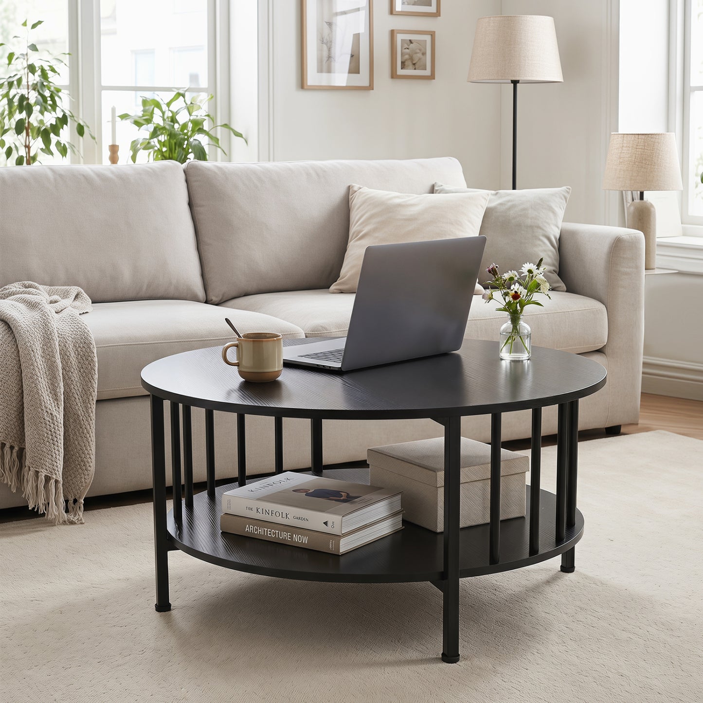 2-Tier Round Coffee Table with Storage Shelf and Metal Accents in Black Walnut, Black Coffee Tables at Gallery Canada