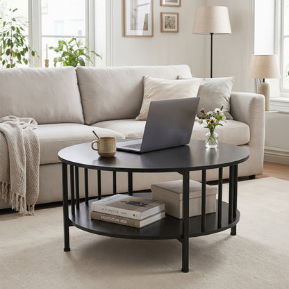 2-Tier Round Coffee Table with Storage Shelf and Metal Accents in Black Walnut, Black Coffee Tables at Gallery Canada