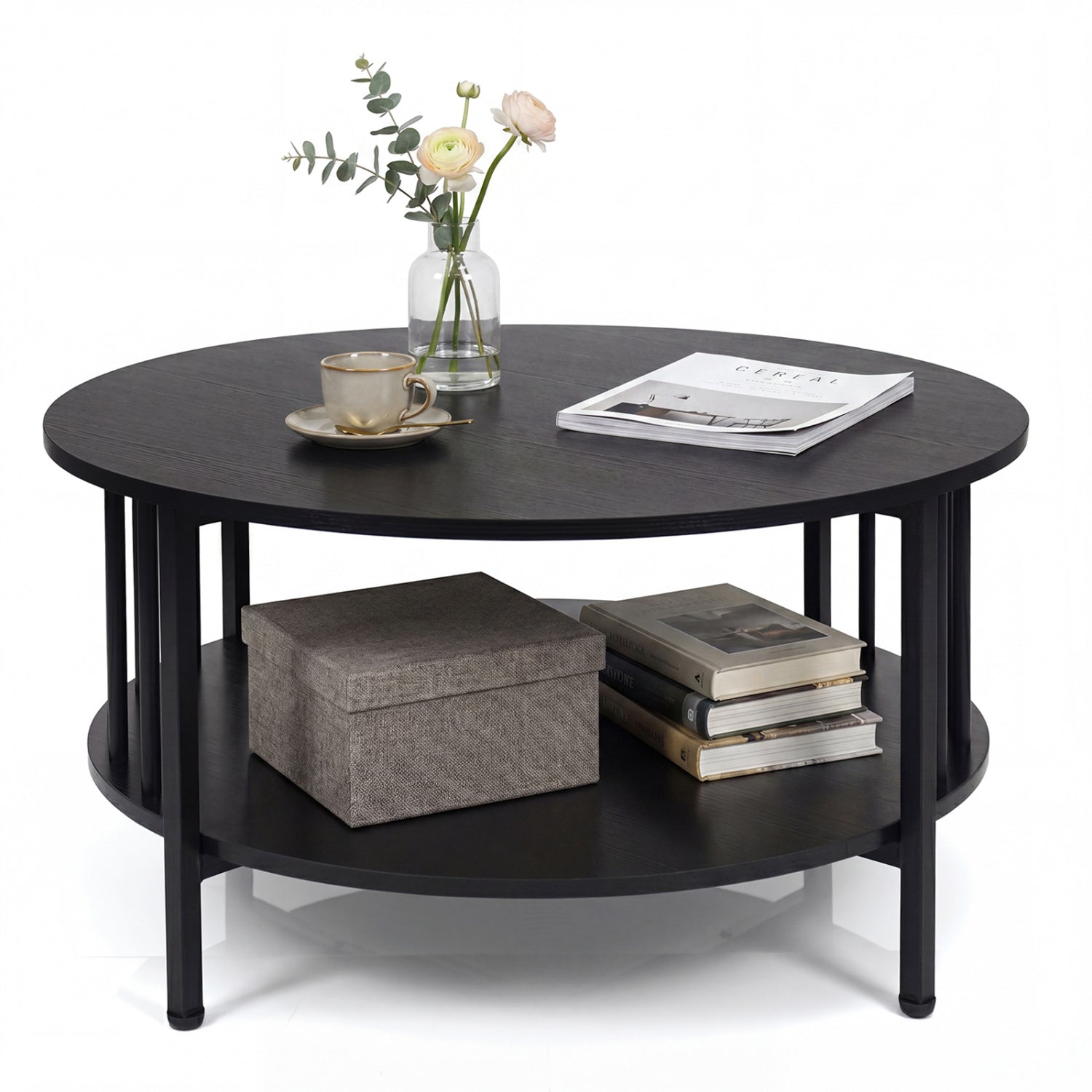 2-Tier Round Coffee Table with Storage Shelf and Metal Accents in Black Walnut, Black Coffee Tables Black at Gallery Canada