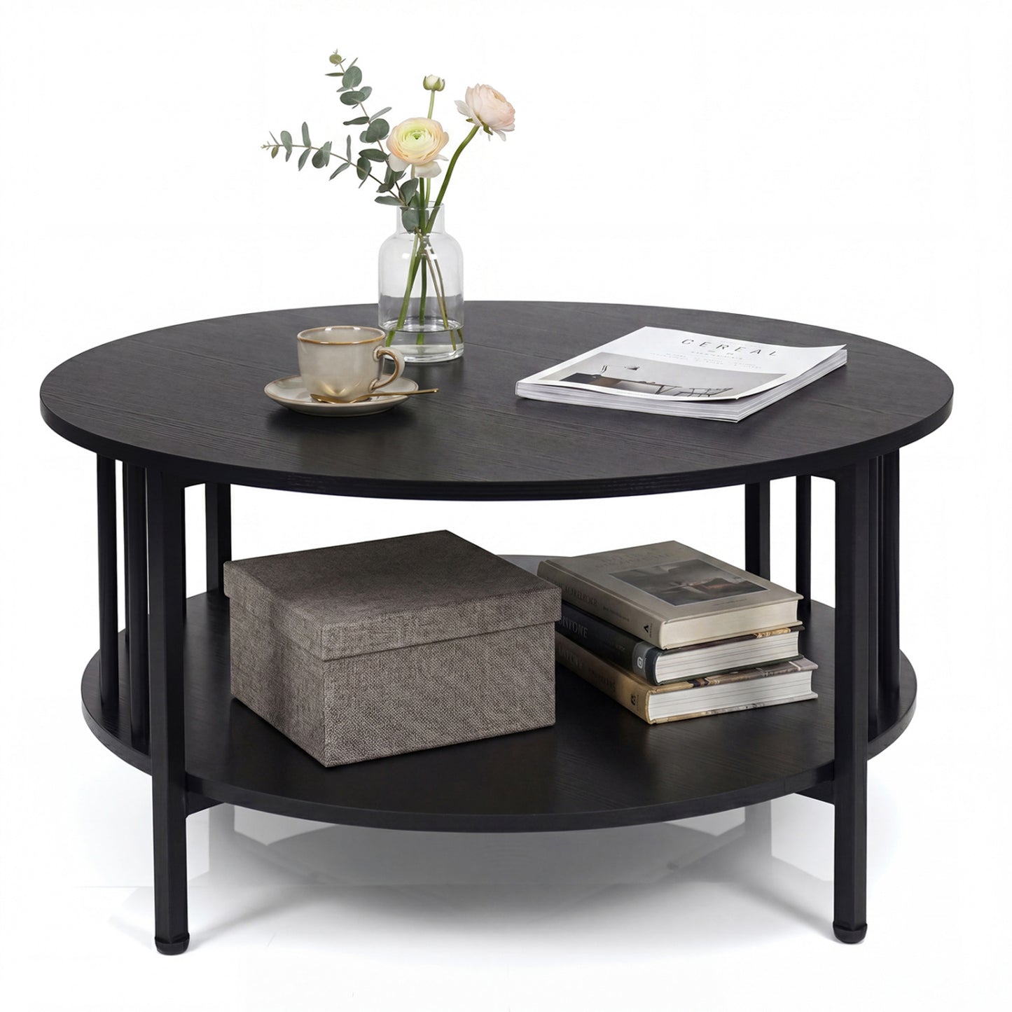 2-Tier Round Coffee Table with Storage Shelf and Metal Accents in Black Walnut, Black Coffee Tables Black at Gallery Canada