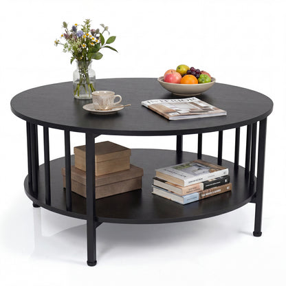 2-Tier Round Coffee Table with Storage Shelf and Metal Accents in Black Walnut, Black Coffee Tables at Gallery Canada