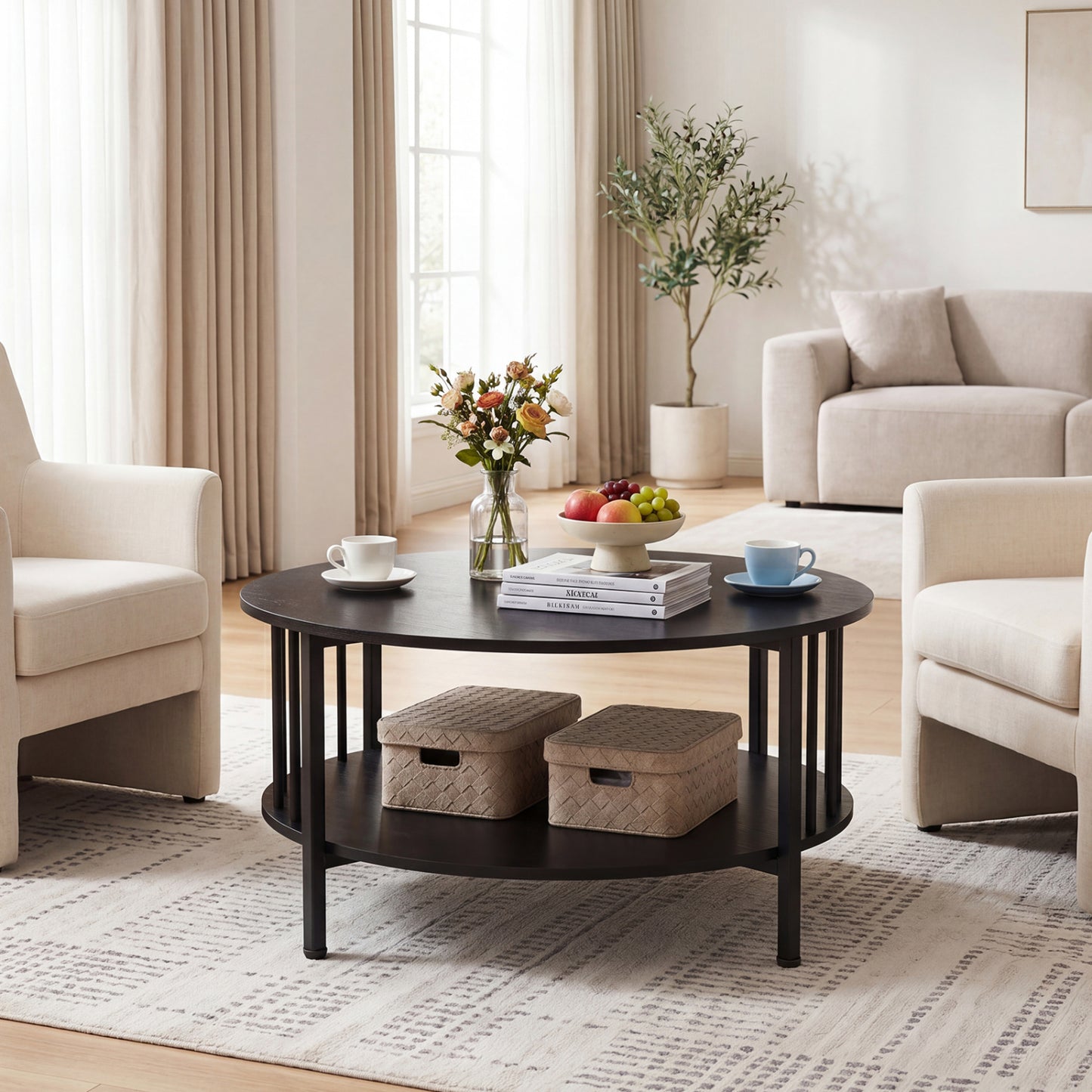 2-Tier Round Coffee Table with Storage Shelf and Metal Accents in Black Walnut, Black Coffee Tables at Gallery Canada