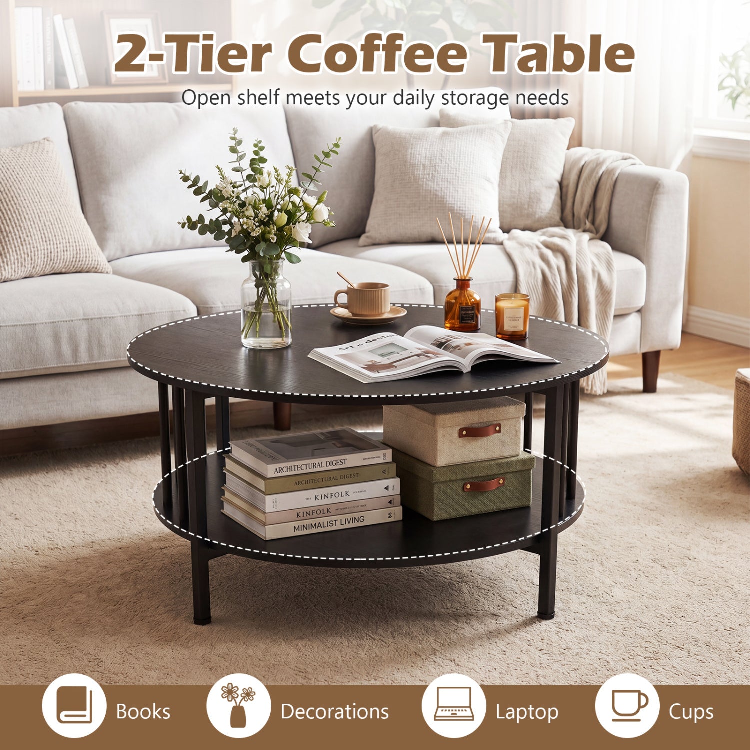 2-Tier Round Coffee Table with Storage Shelf and Metal Accents in Black Walnut, Black Coffee Tables at Gallery Canada