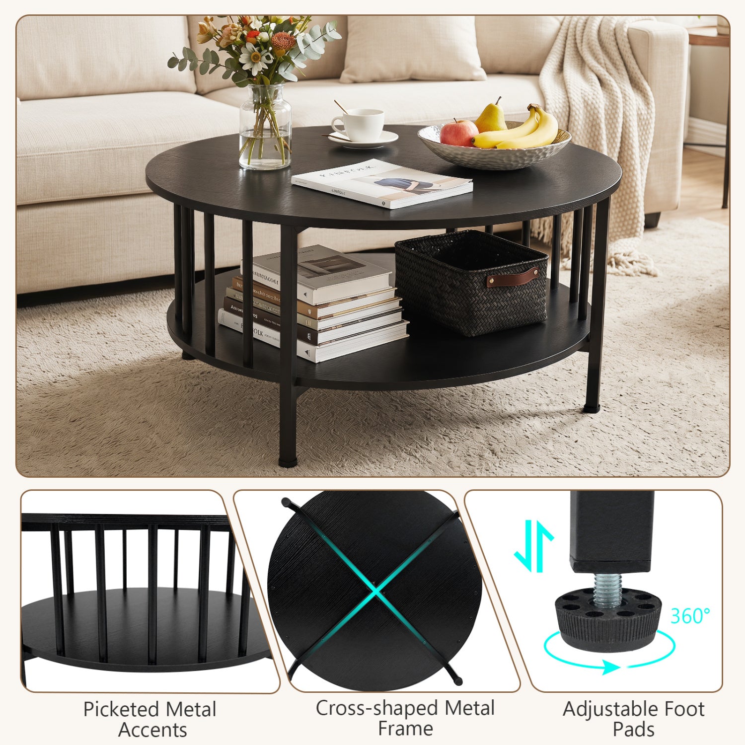2-Tier Round Coffee Table with Storage Shelf and Metal Accents in Black Walnut, Black Coffee Tables at Gallery Canada