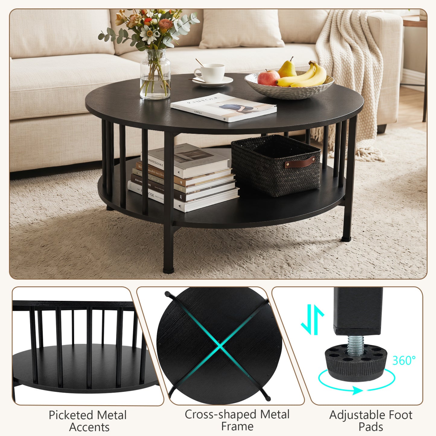 2-Tier Round Coffee Table with Storage Shelf and Metal Accents in Black Walnut, Black Coffee Tables at Gallery Canada
