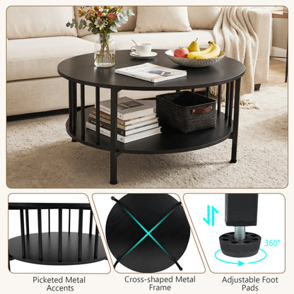 2-Tier Round Coffee Table with Storage Shelf and Metal Accents in Black Walnut, Black Coffee Tables at Gallery Canada