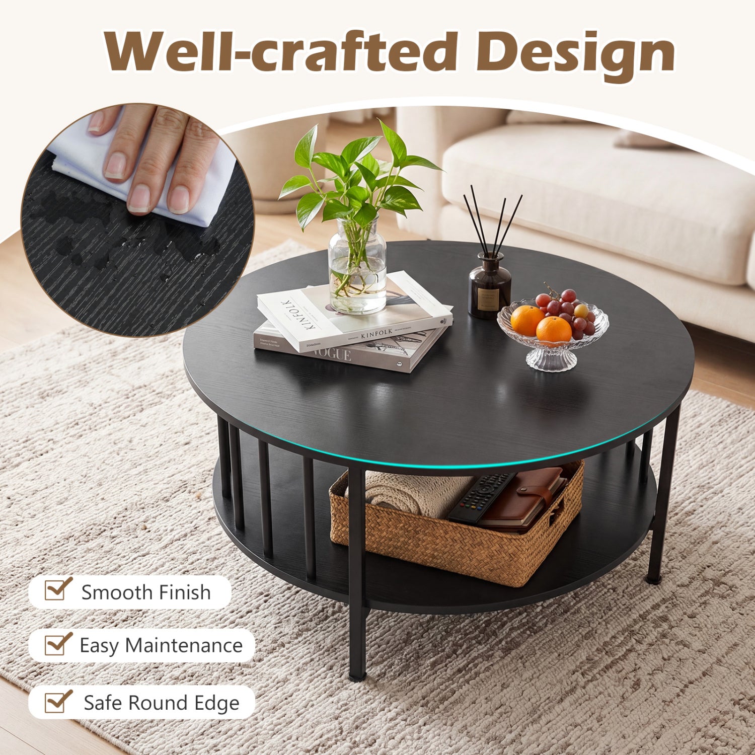 2-Tier Round Coffee Table with Storage Shelf and Metal Accents in Black Walnut, Black Coffee Tables at Gallery Canada