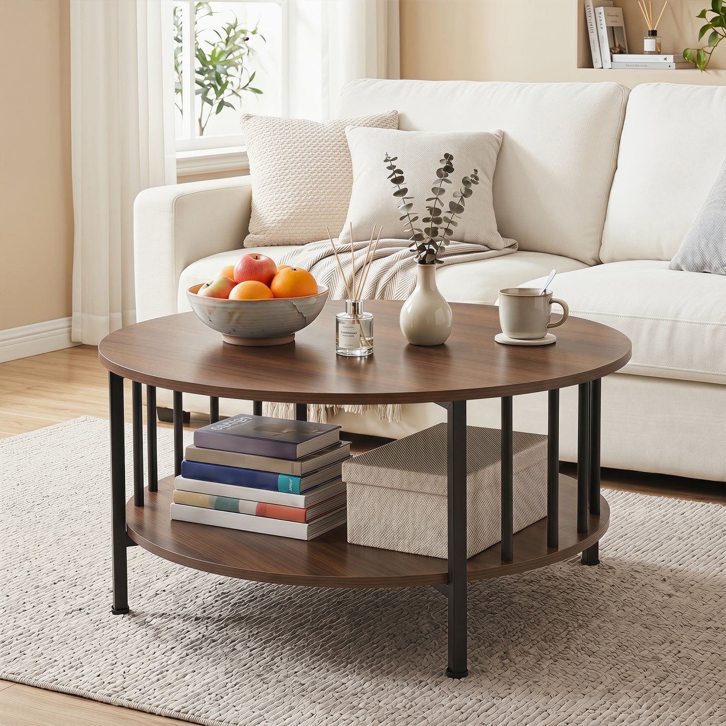 2-Tier Round Coffee Table with Storage Shelf and Metal Accents in Black Walnut, Walnut Coffee Tables at Gallery Canada