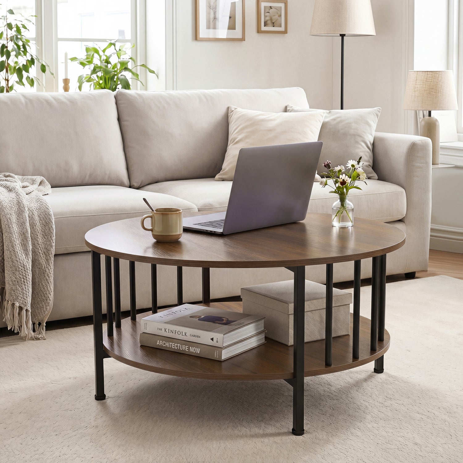 2-Tier Round Coffee Table with Storage Shelf and Metal Accents in Black Walnut, Walnut Coffee Tables at Gallery Canada
