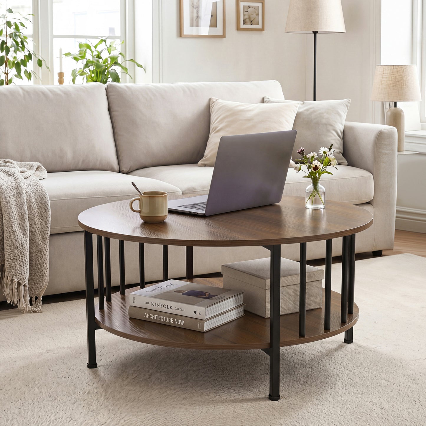 2-Tier Round Coffee Table with Storage Shelf and Metal Accents in Black Walnut, Walnut Coffee Tables at Gallery Canada