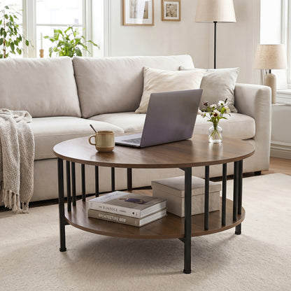 2-Tier Round Coffee Table with Storage Shelf and Metal Accents in Black Walnut, Walnut Coffee Tables at Gallery Canada