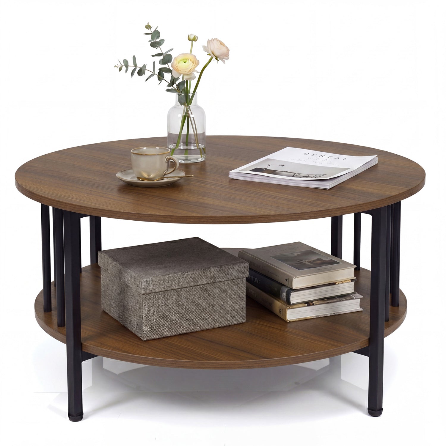 2-Tier Round Coffee Table with Storage Shelf and Metal Accents in Black Walnut, Walnut Coffee Tables Walnut at Gallery Canada
