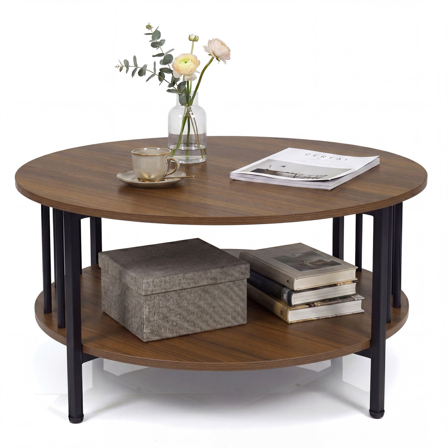 2-Tier Round Coffee Table with Storage Shelf and Metal Accents in Black Walnut, Walnut Coffee Tables Walnut at Gallery Canada