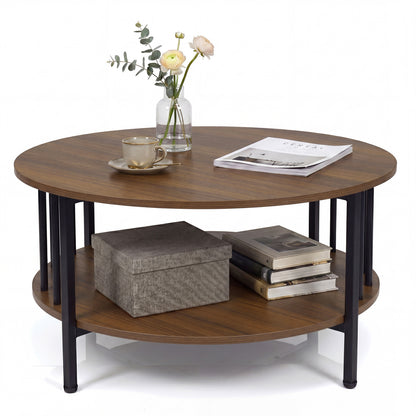 2-Tier Round Coffee Table with Storage Shelf and Metal Accents in Black Walnut, Walnut Coffee Tables Walnut at Gallery Canada