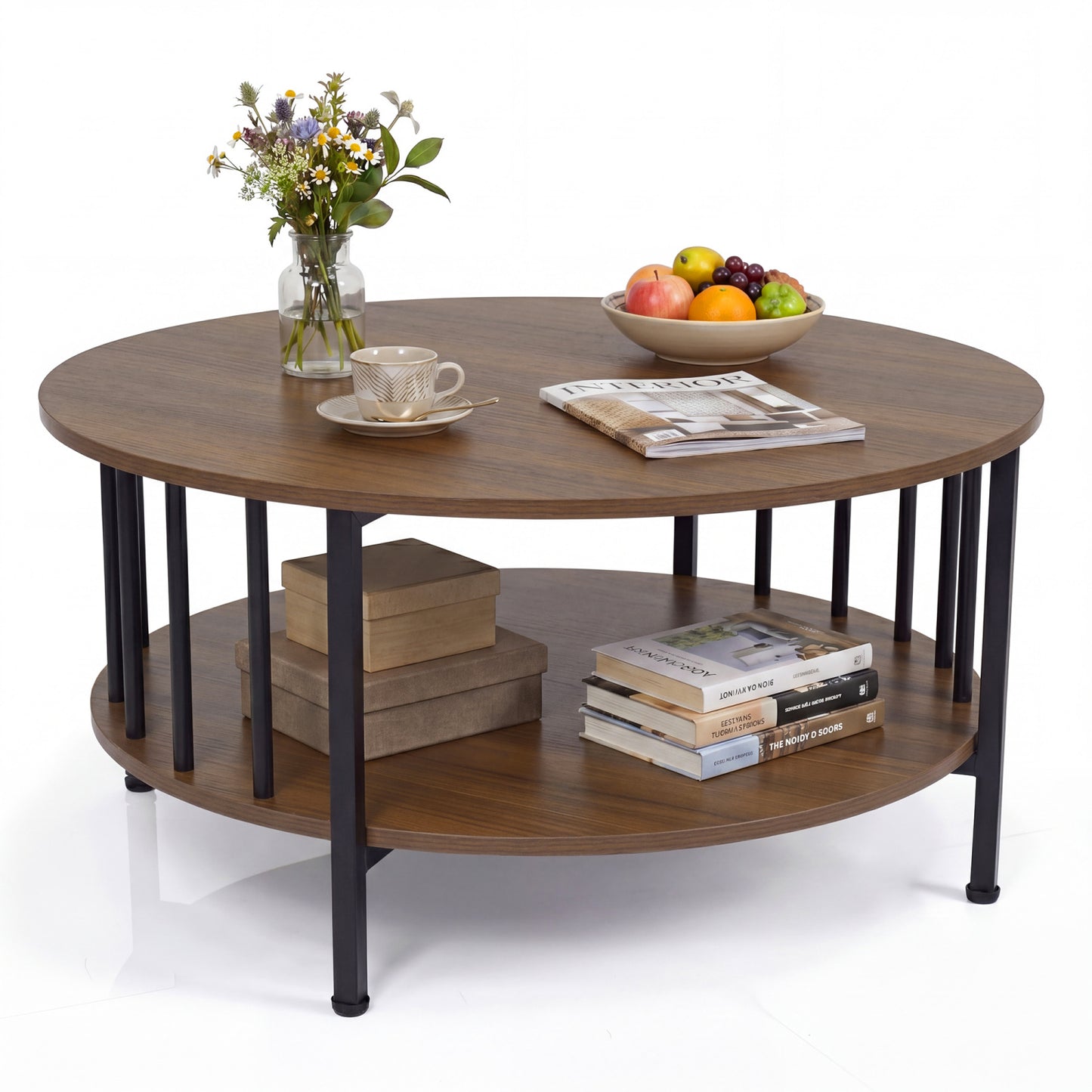 2-Tier Round Coffee Table with Storage Shelf and Metal Accents in Black Walnut, Walnut Coffee Tables at Gallery Canada