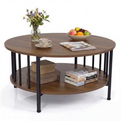 2-Tier Round Coffee Table with Storage Shelf and Metal Accents in Black Walnut, Walnut Coffee Tables at Gallery Canada