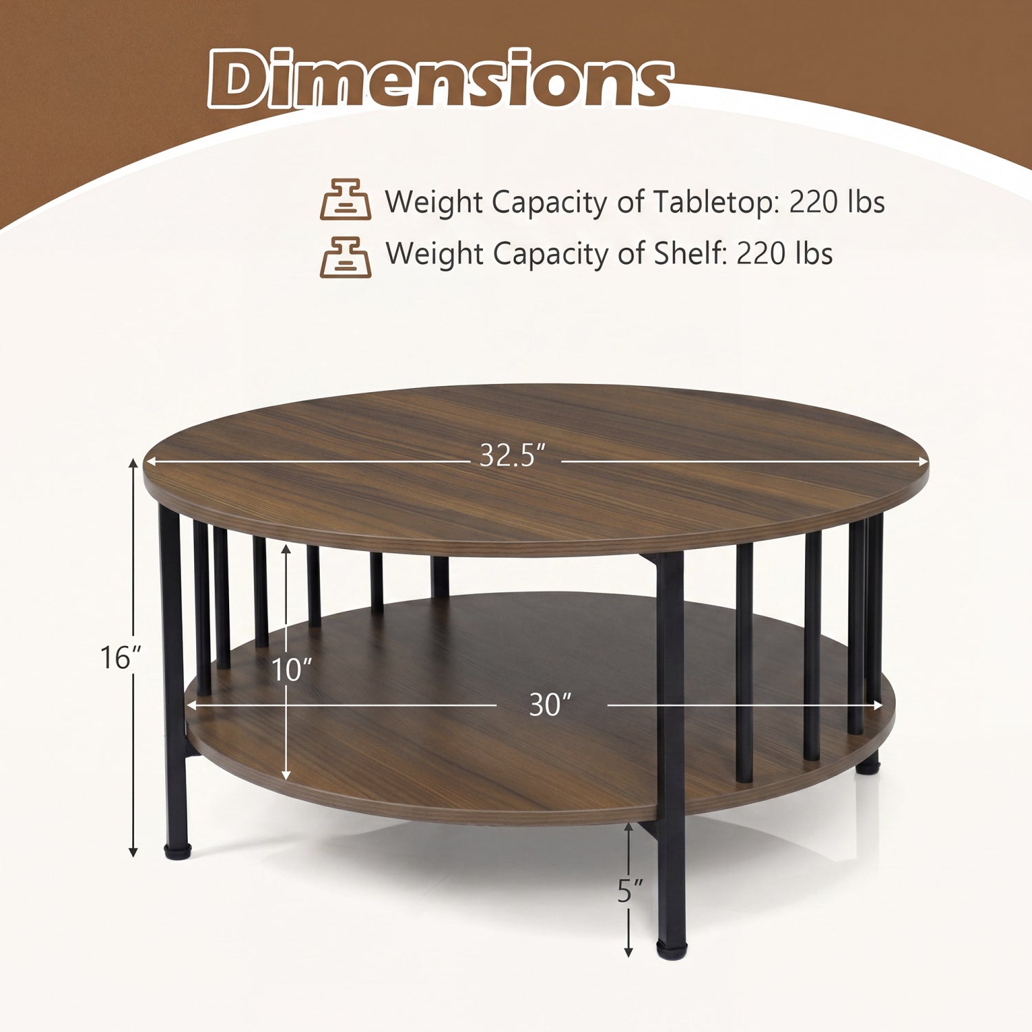2-Tier Round Coffee Table with Storage Shelf and Metal Accents in Black Walnut, Walnut Coffee Tables at Gallery Canada