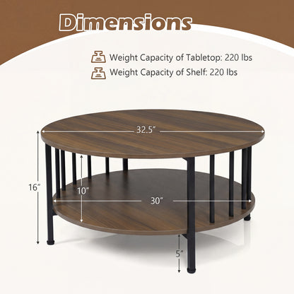 2-Tier Round Coffee Table with Storage Shelf and Metal Accents in Black Walnut, Walnut Coffee Tables at Gallery Canada