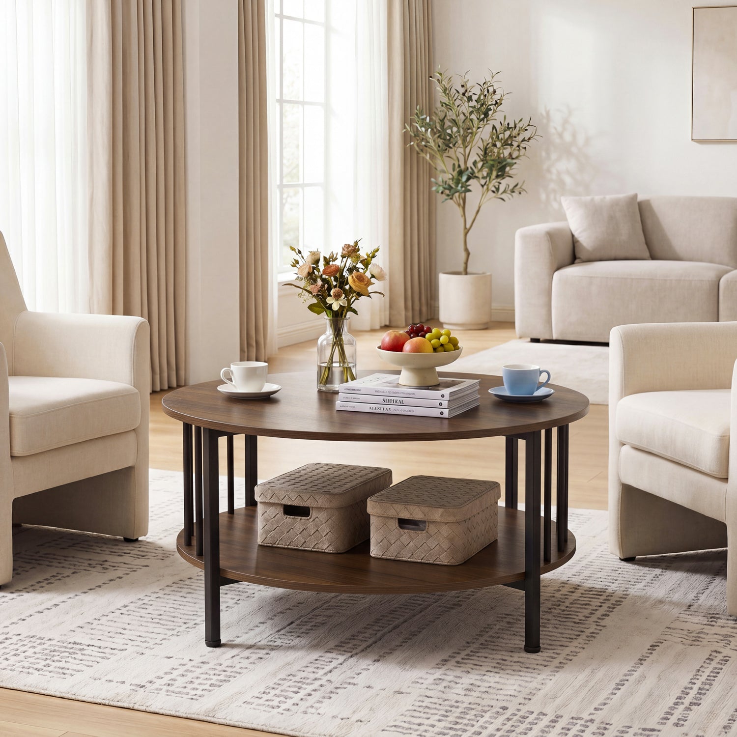 2-Tier Round Coffee Table with Storage Shelf and Metal Accents in Black Walnut, Walnut Coffee Tables at Gallery Canada