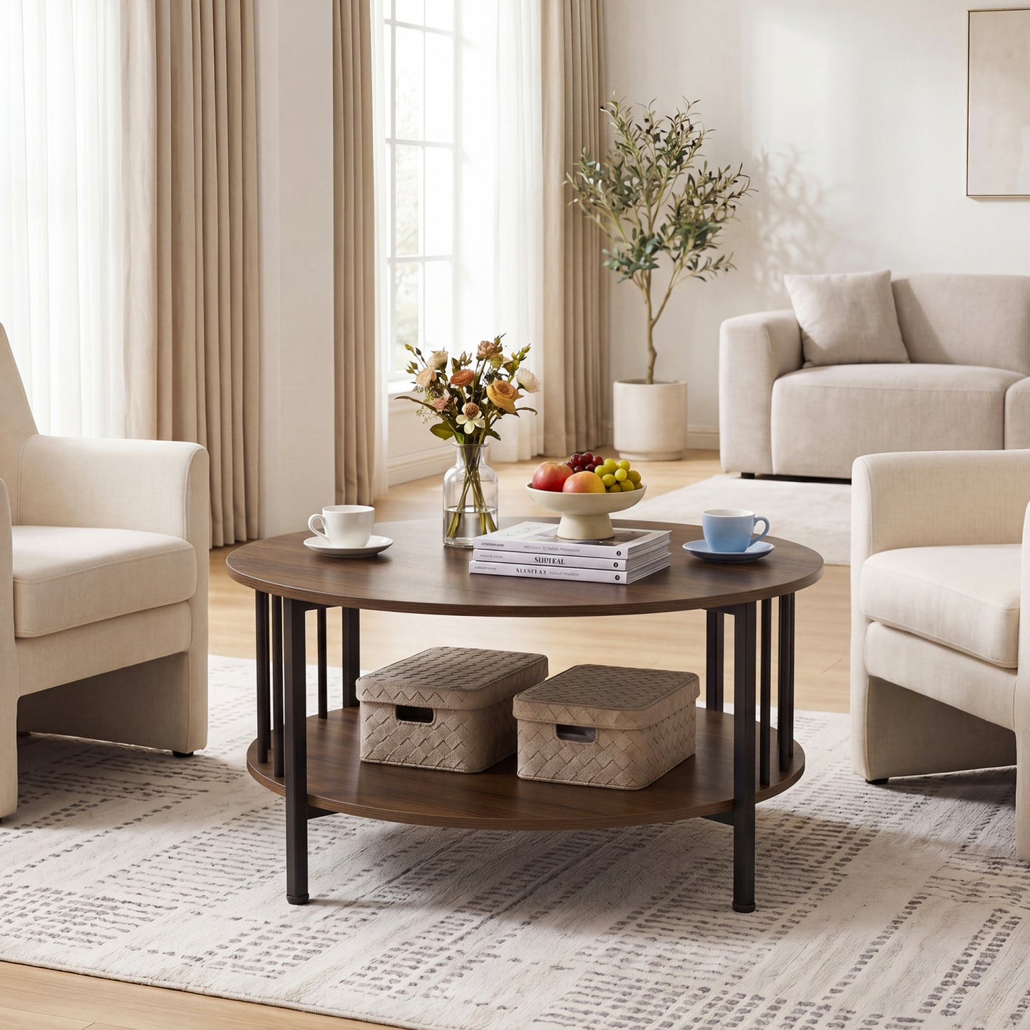 2-Tier Round Coffee Table with Storage Shelf and Metal Accents in Black Walnut, Walnut Coffee Tables at Gallery Canada