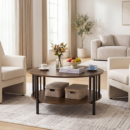 2-Tier Round Coffee Table with Storage Shelf and Metal Accents in Black Walnut, Walnut Coffee Tables at Gallery Canada