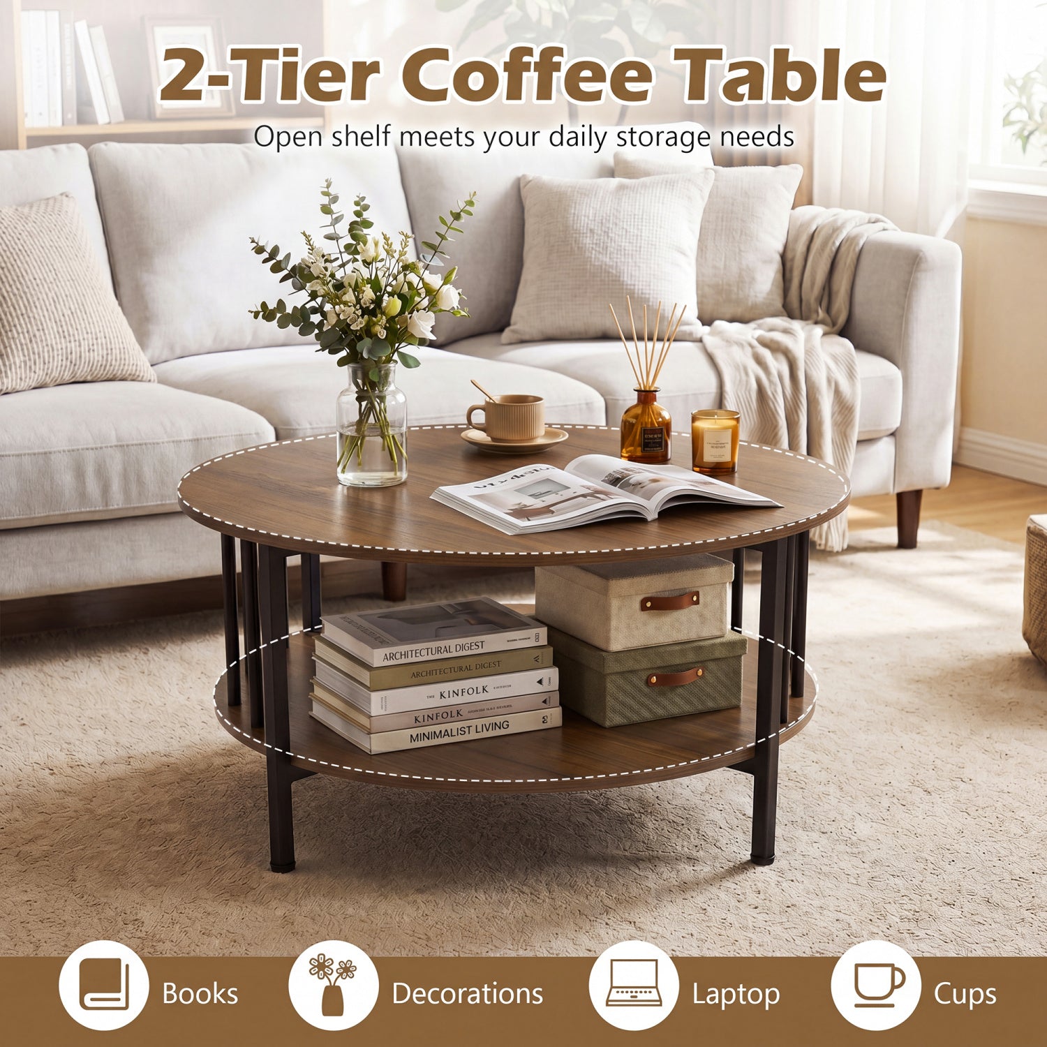 2-Tier Round Coffee Table with Storage Shelf and Metal Accents in Black Walnut, Walnut Coffee Tables at Gallery Canada