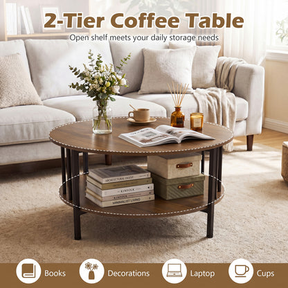 2-Tier Round Coffee Table with Storage Shelf and Metal Accents in Black Walnut, Walnut Coffee Tables at Gallery Canada