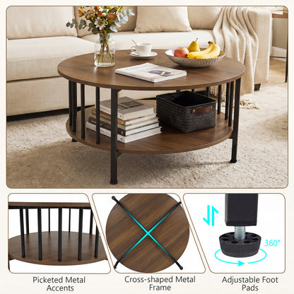2-Tier Round Coffee Table with Storage Shelf and Metal Accents in Black Walnut, Walnut Coffee Tables at Gallery Canada