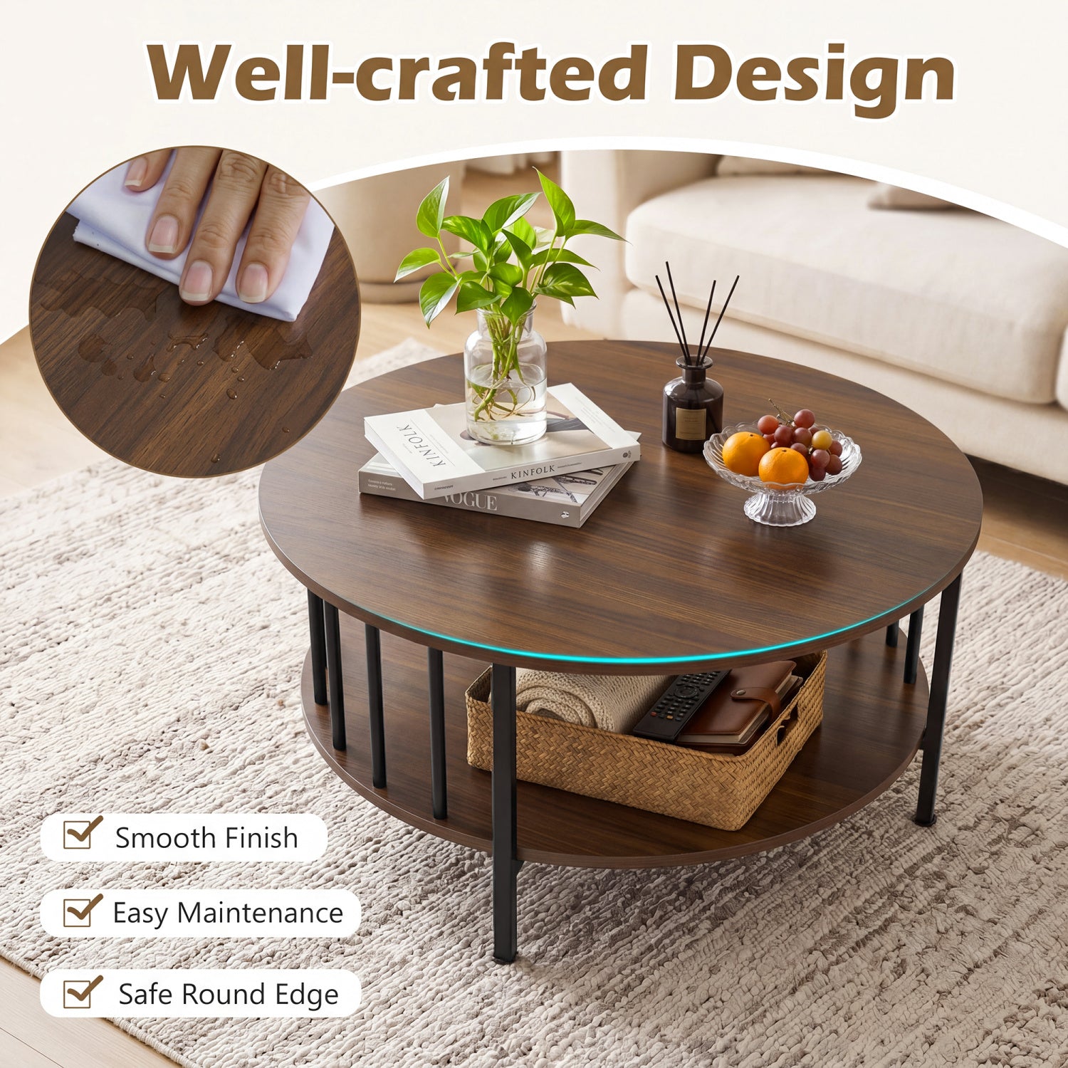 2-Tier Round Coffee Table with Storage Shelf and Metal Accents in Black Walnut, Walnut Coffee Tables at Gallery Canada