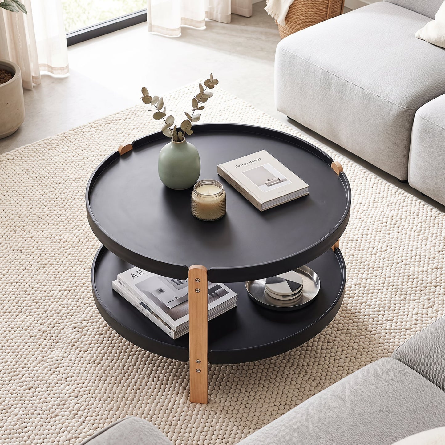 Table basse ronde à 2 niveaux, étagère ouverte, noire