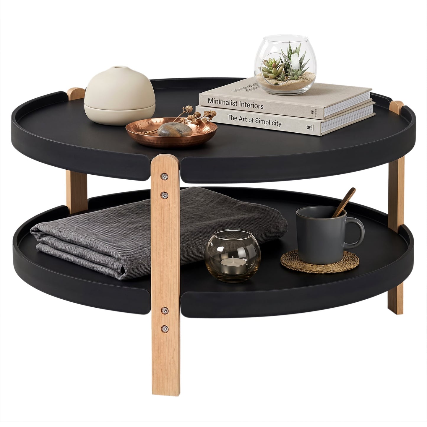 Table basse ronde à 2 niveaux, étagère ouverte, noire
