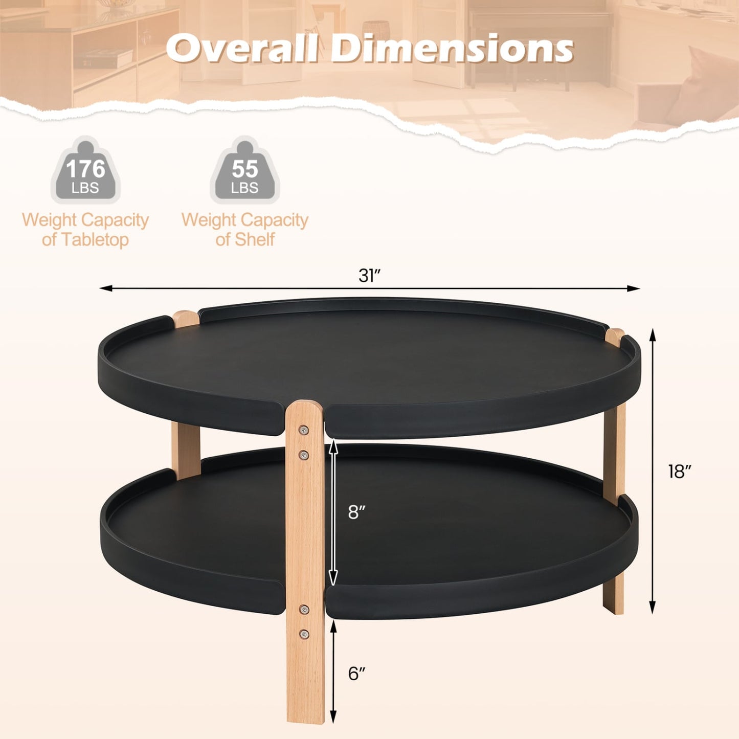 Table basse ronde à 2 niveaux, étagère ouverte, noire