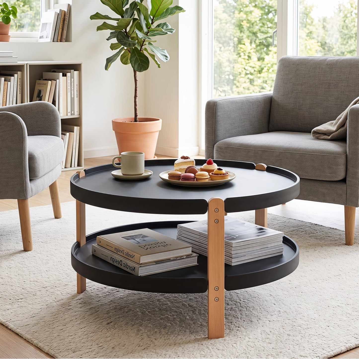 Table basse ronde à 2 niveaux, étagère ouverte, noire
