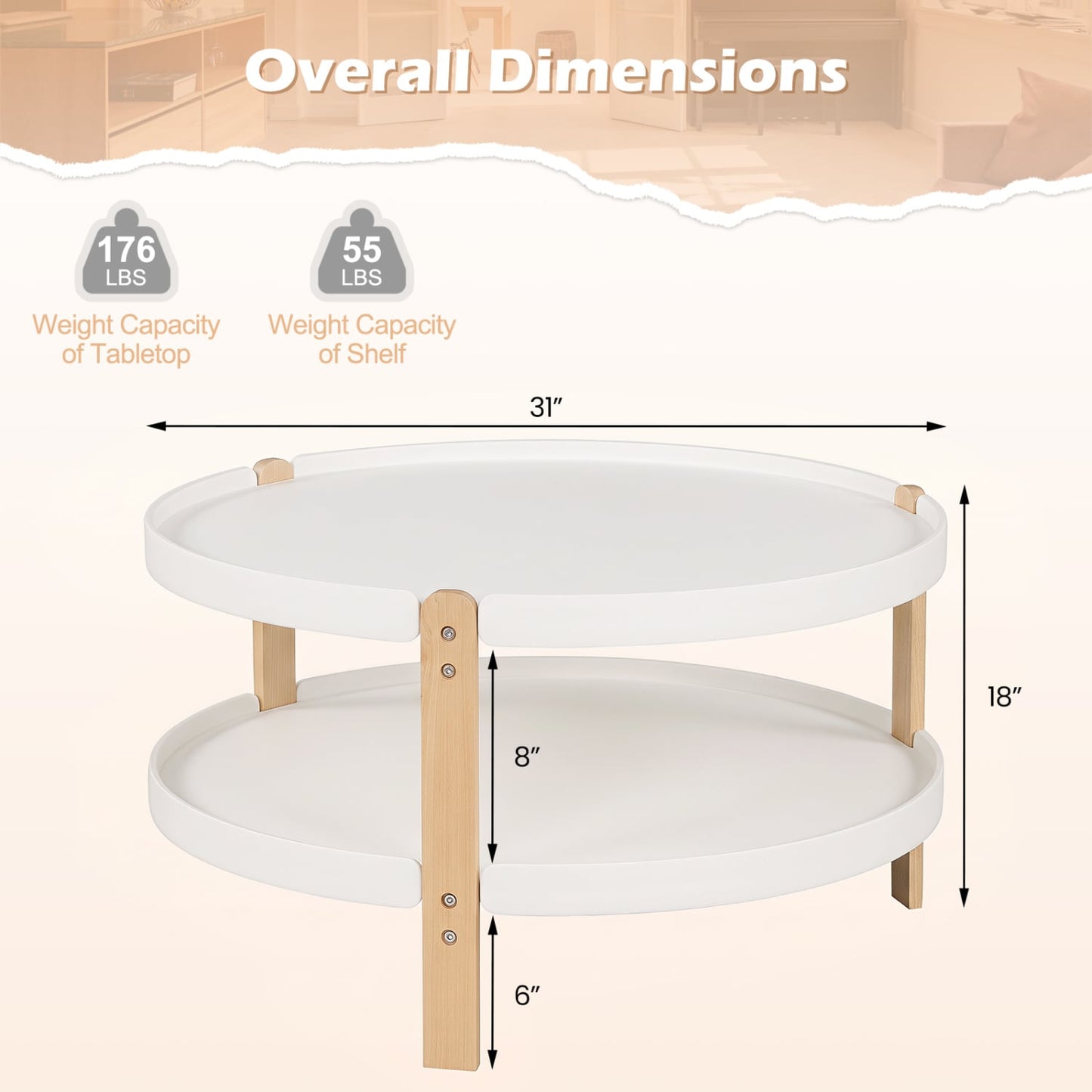 Round Coffee Table, 2-Tier, White