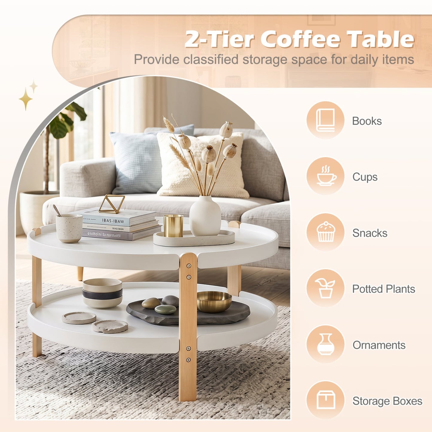 Round Coffee Table, 2-Tier, White