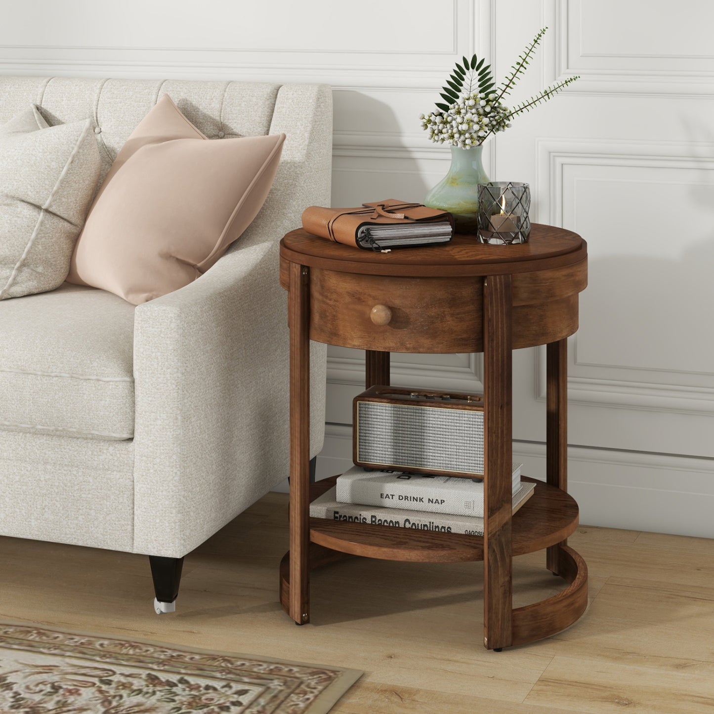 Table d'appoint ronde à 2 niveaux, Table de chevet Mid Century Modern, Tiroir et Étagère, Marron