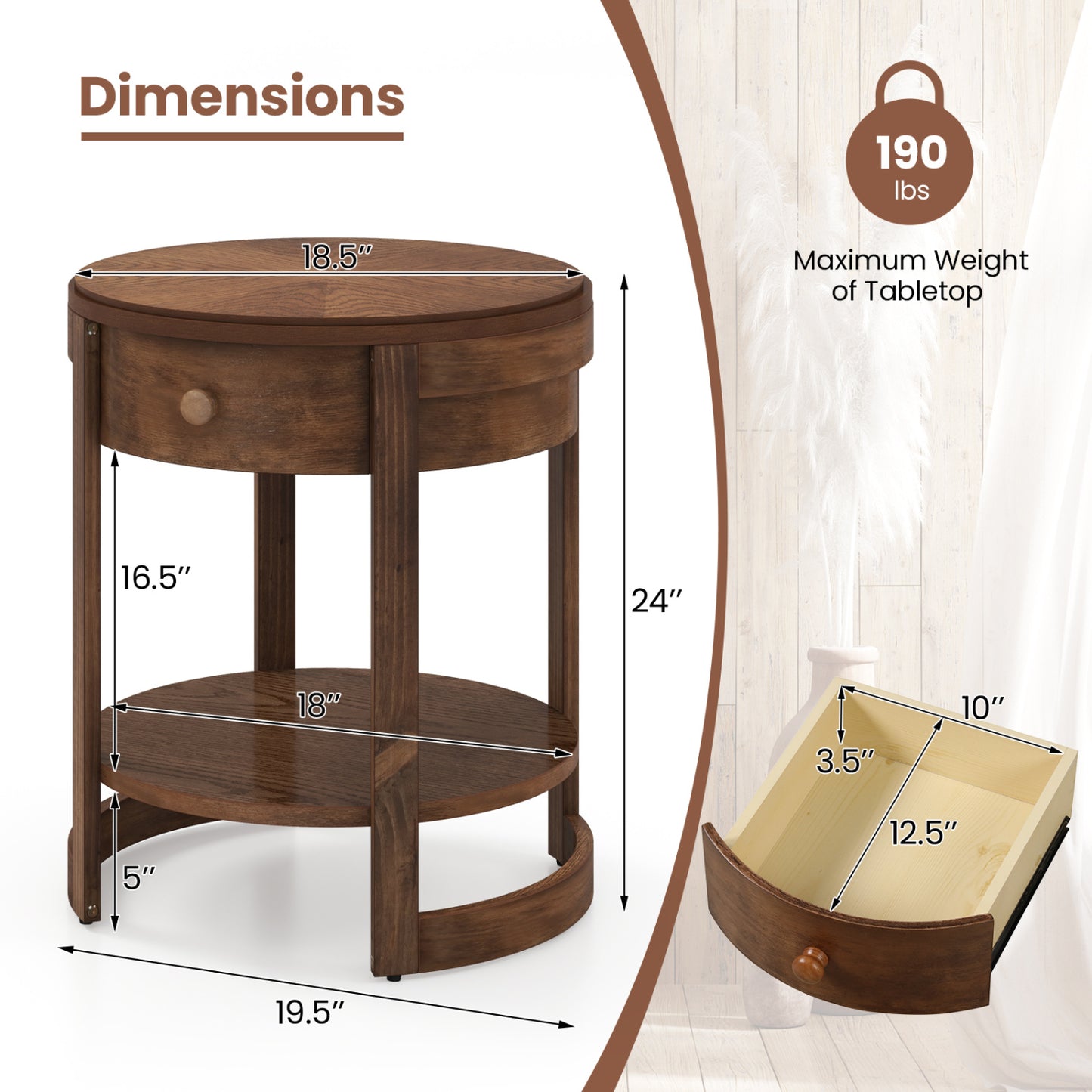 Table d'appoint ronde à 2 niveaux, Table de chevet Mid Century Modern, Tiroir et Étagère, Marron