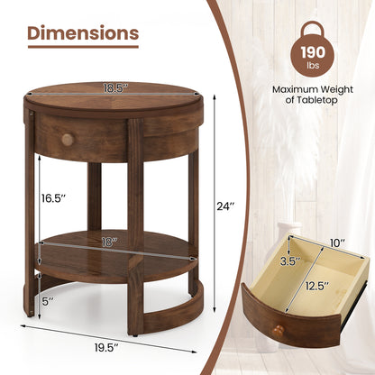 Table d'appoint ronde à 2 niveaux, Table de chevet Mid Century Modern, Tiroir et Étagère, Marron