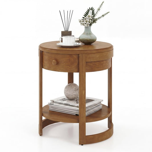 2-Tier Round End Table Mid Century Modern Nightstand, Oak End & Side Tables Oak at Gallery Canada