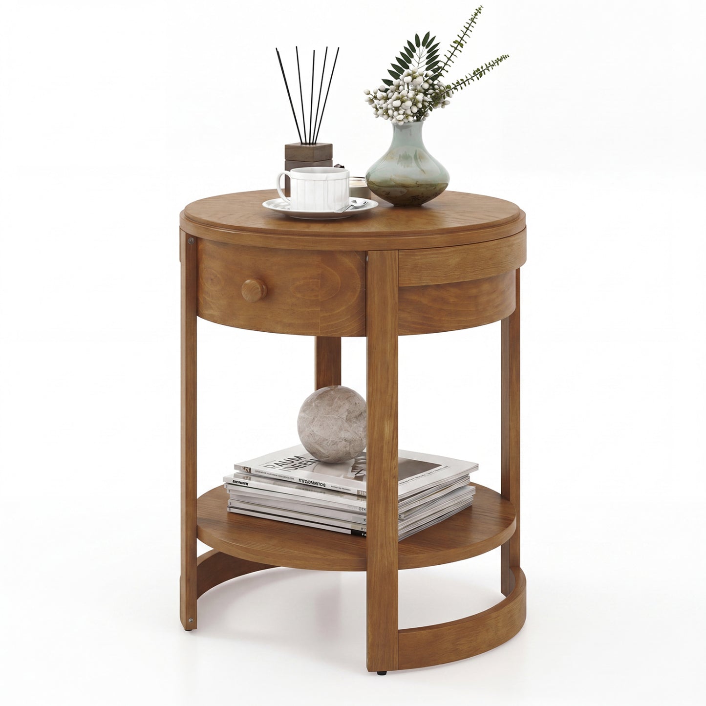 2-Tier Round End Table Mid Century Modern Nightstand, Oak End & Side Tables Oak at Gallery Canada