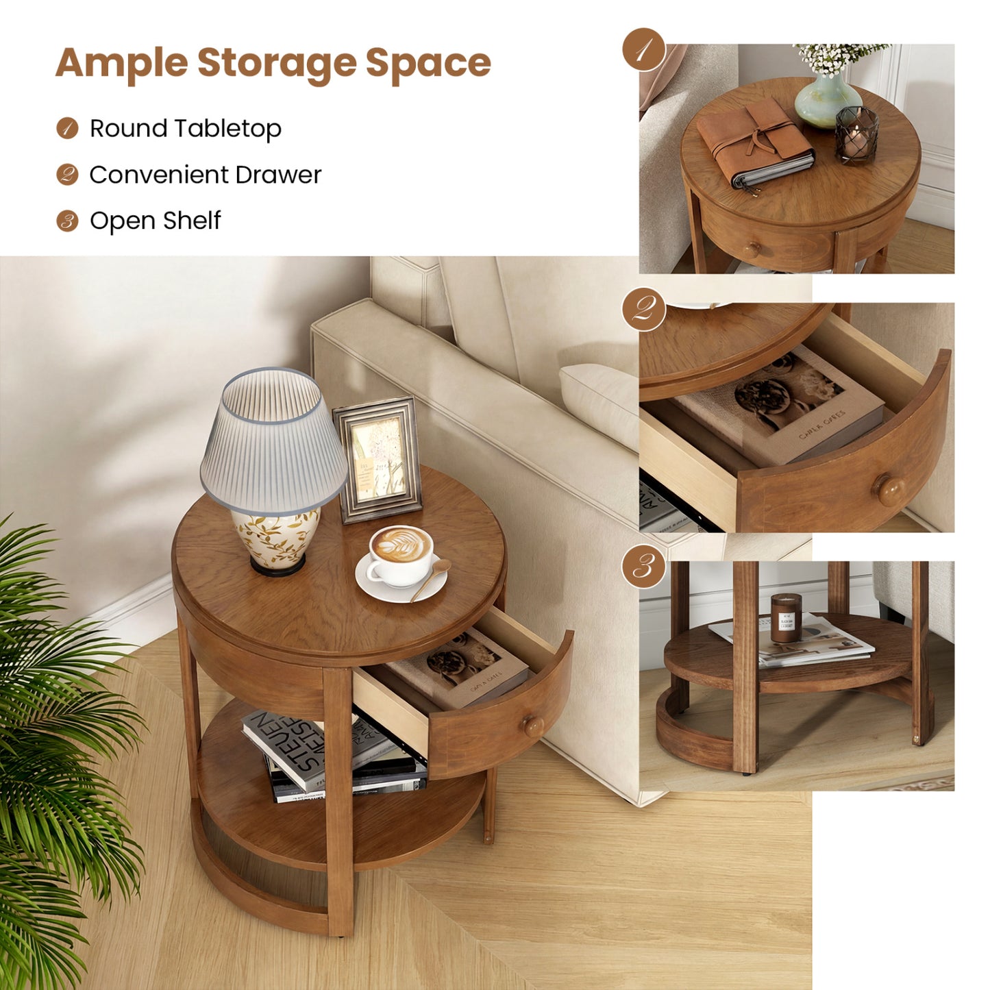2-Tier Round End Table Mid Century Modern Nightstand, Oak End & Side Tables at Gallery Canada