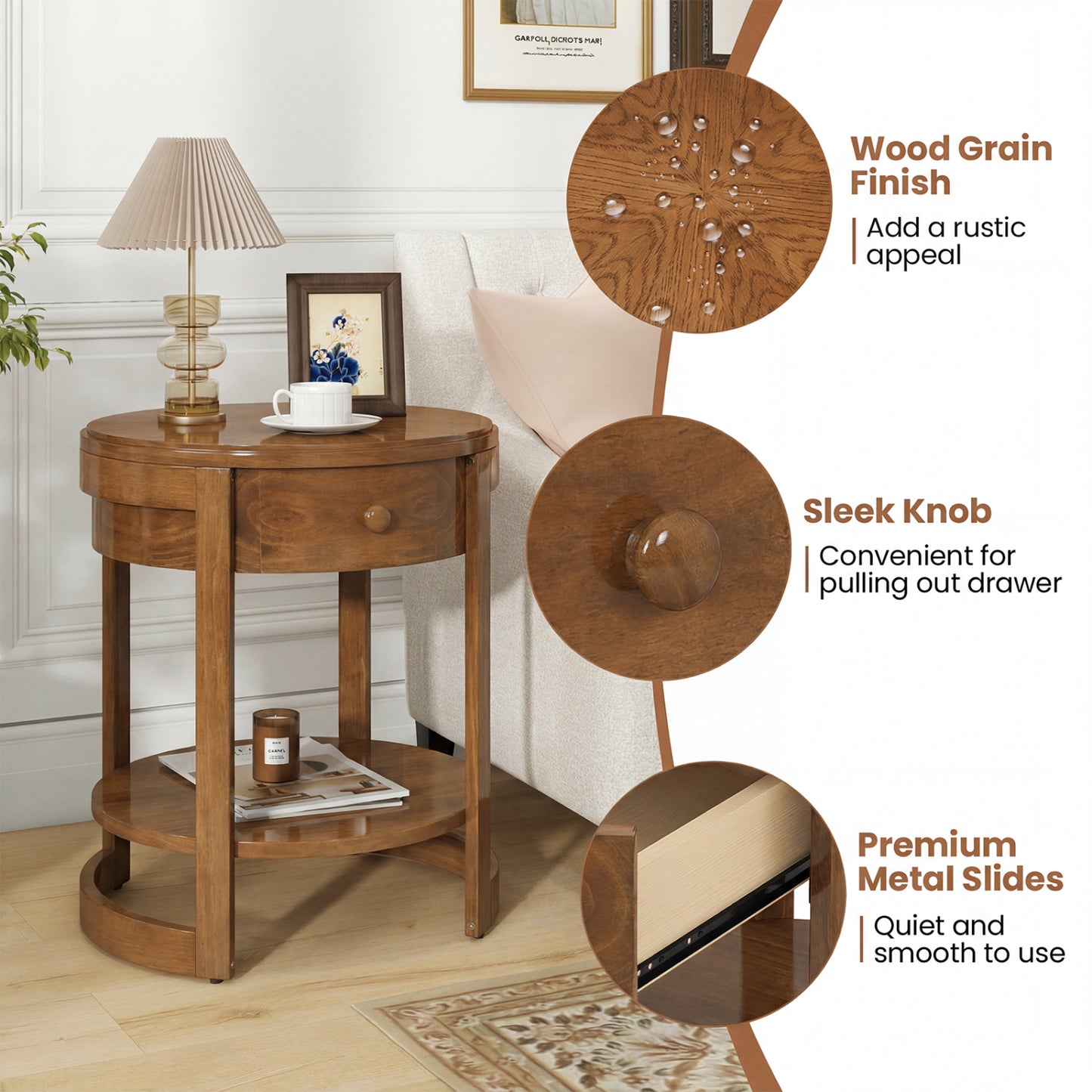 2-Tier Round End Table Mid Century Modern Nightstand, Oak End & Side Tables at Gallery Canada