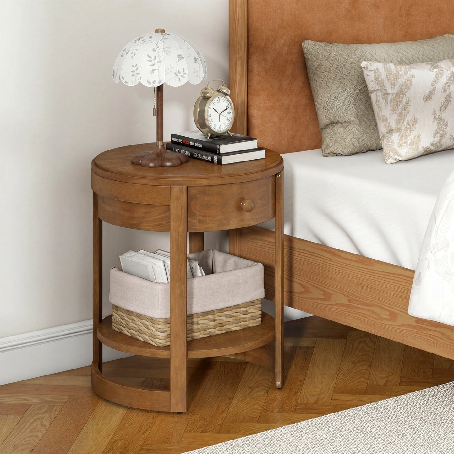 2-Tier Round End Table Mid Century Modern Nightstand, Oak End & Side Tables at Gallery Canada